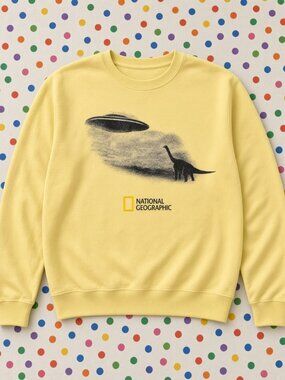 National Geographic Dinosaur UFO Alien Graphic Sweatshirt Gildan Yellow